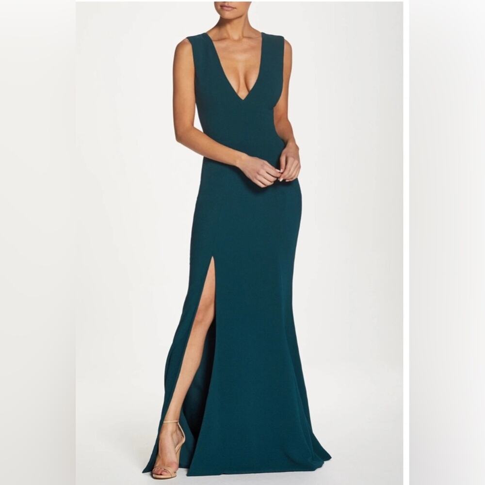 Dress the Population Sandra Plunge Crepe Slit Gown, Pine, XS NWT